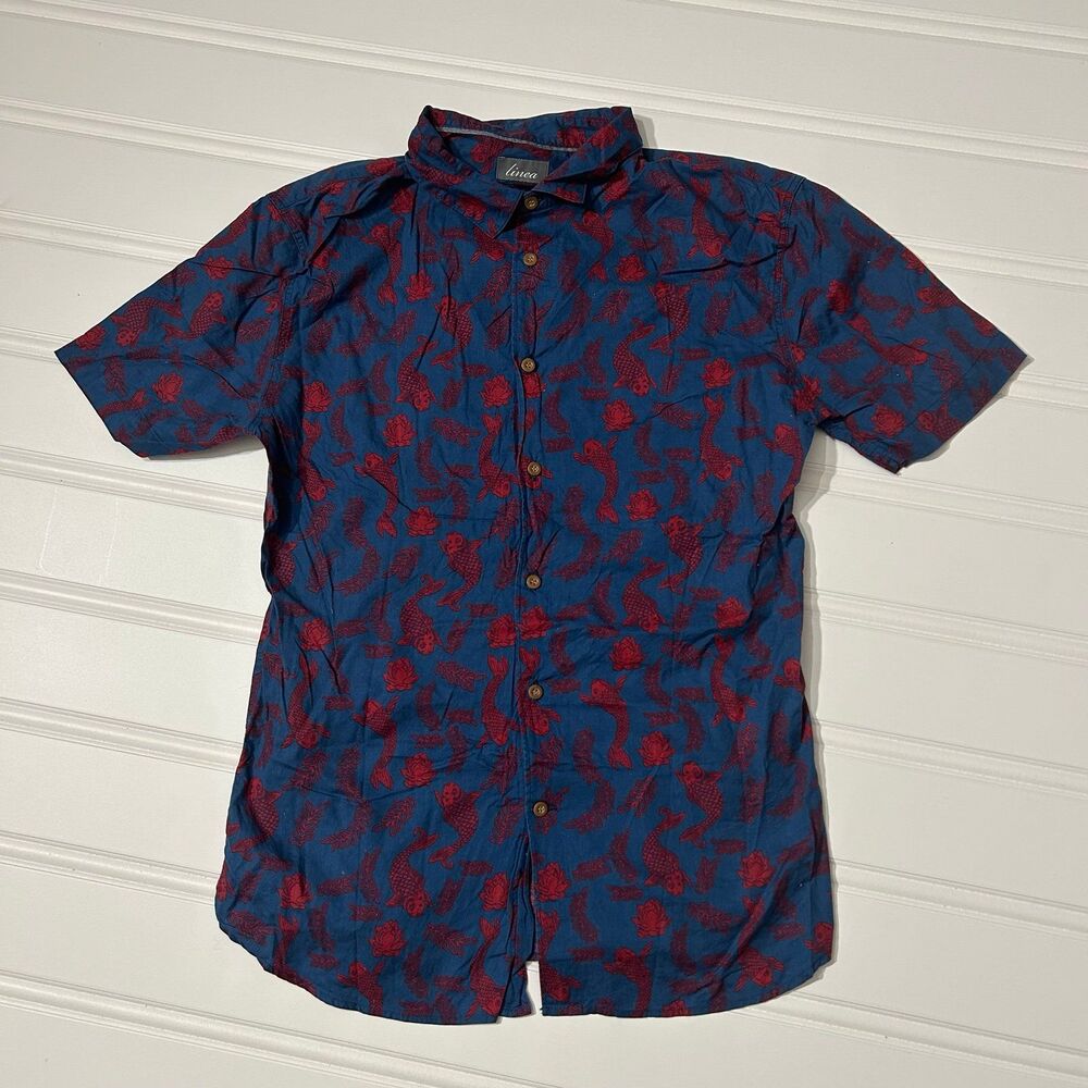Linea Koi Fish Shirt Mens L Blue Red Short Sleeve Button Up Cotton Hawaiian